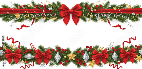 Festive Christmas Garland with Red Bows, Ornaments, and Pine Needles for Holiday Decorations