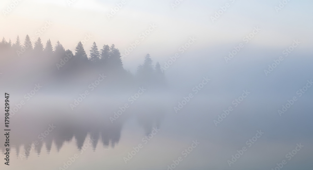 Fototapeta premium Ethereal serenity unfolds as mist blankets the lake, reflecting the silhouette of trees in a tranquil dance of nature's artistry, evoking peace and escape into the wilderness