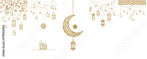 Elegant Islamic celebration banner with golden hanging lanterns, crescent moon, and stars on a white background