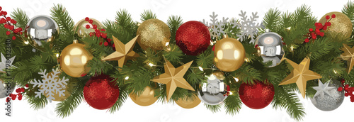Christmas garland with red, gold, and silver baubles, stars, snowflakes, and lights among fir branches. Festive seasonal decoration for holidays