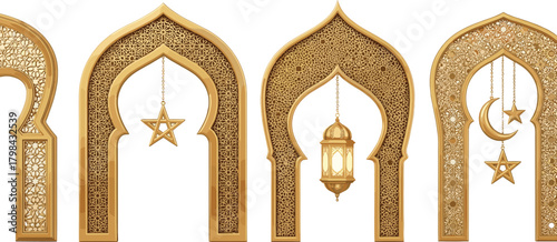 Golden archways with star, lantern, and moon decorations, representing Islamic design elements