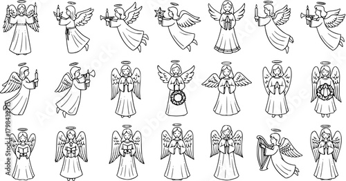 Christmas Angels Line Art Doodle Set. Hand-drawn collection of religious and spiritual figures with wings, halos, candles, trumpets, books, wreaths, and praying hands. Festive clip art.