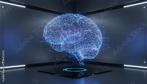 Glowing 3D Holographic Brain Displayed on Sci Fi Platform