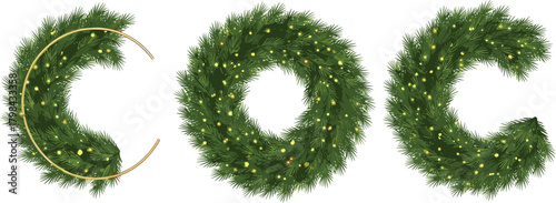 Festive Green Fir Wreath With Golden Ornaments, Celebrating Winter Holidays And New Year Festivities
