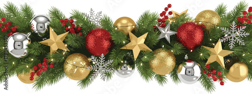 Festive Holiday Garland Decoration with Golden Ornaments, Red Accents, and Evergreen Branches