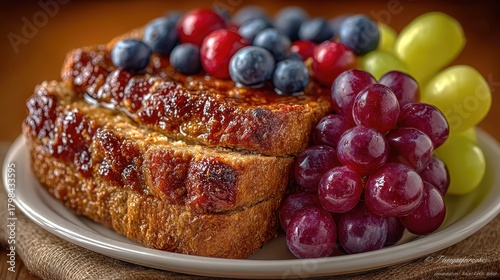 A plate of toast and fruit with blueberries and grapes. The plate is white and the fruit is colorful
