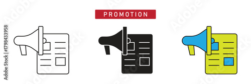 Promotion Marketing Icon: Megaphone on Newspaper Article, Advertising and Public Relations Symbol.