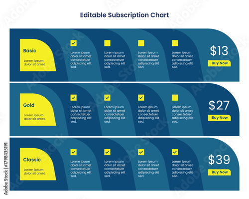Subscription plans pricing comparison table infographic template: Landscape business price chart template, Web banner checklist template design. Design a price list comparison table.