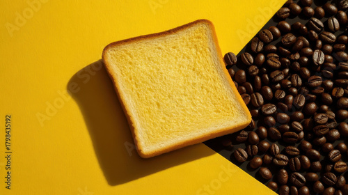 A slice of bread is on a yellow background with coffee beans scattered around it. Concept of comfort and warmth, as the bread and coffee beans are often associated with relaxation and indulgence