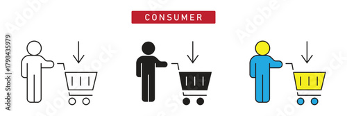 Consumer Buying Icon: Person Pushing Shopping Cart, Customer Purchasing and Retail Symbol.