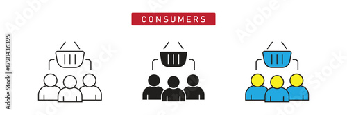 Group of Consumers Icon: Multiple People with Shopping Basket, Market Audience and Demand.