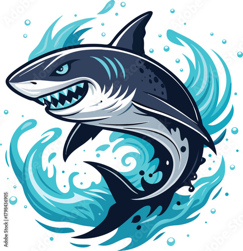 Dynamic great white shark illustration emerging from splashing ocean waves, capturing raw power and predatory grace in a striking graphic design