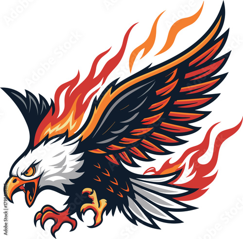 Dynamic powerful eagle illustration soaring with fiery wings, symbolizing strength and fierce determination