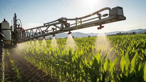 A sunny, wide shot showcases a machine spraying a field of young corn plants. The agricultural machine extends over rows of vibrant green crops, misting the plants with a liquid solution. In the backg