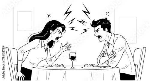 Angry couple arguing intensely over dinner at a restaurant table, surrounded by tension