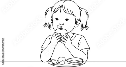 Child eating apple, healthy meal, nutrition education, kids lunch, black and white drawing, school food, fruit snack, pigtails girl, table setting, sandwich plate, wholesome habits, preschool 