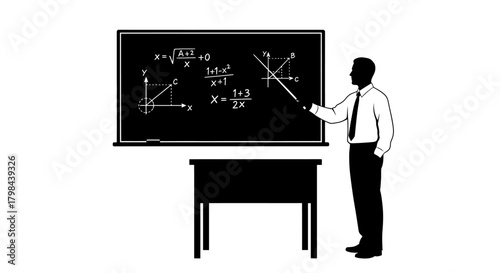 A silhouette of a man in a shirt and tie points to a blackboard with mathematical equations and diagrams