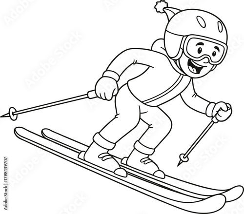skier, downhill, winter, sport, snow, slope, motion, speed, goggles, jacket, gloves, boots, poles, hat, crouched, action, line, drawing, black, white