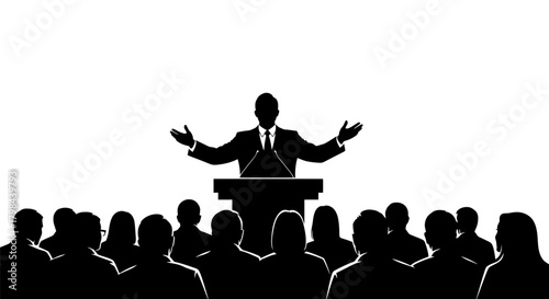 Silhouette of a speaker addressing an audience from a podium