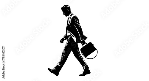 A silhouette of a man in a suit strides forward, carrying a briefcase