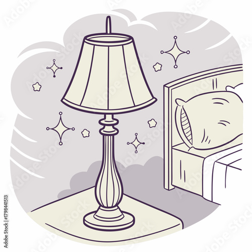 Bedside Lamp and Bed with Pillow and Stars Illustration sparkles