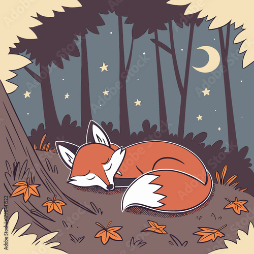 Sleeping Fox in Autumn Forest Under Crescent Moon and Stars night
