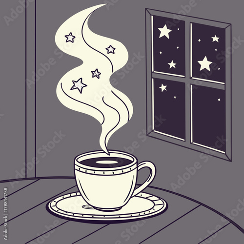 Hot coffee cup with steam and stars by a window at night saucer hot drink