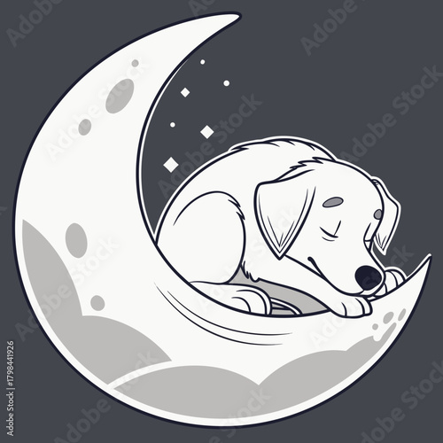 Sleeping Dog Curled on Crescent Moon with Stars night