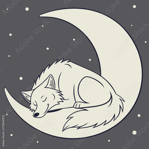 Sleeping Wolf Curled on Crescent Moon with Stars night