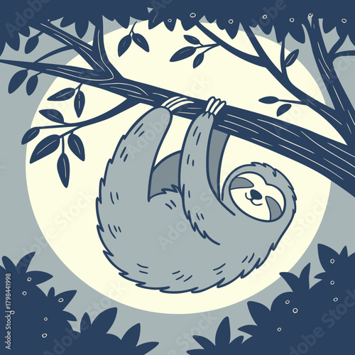 Cute cartoon sloth hanging from a tree branch in a stylized forest animal
