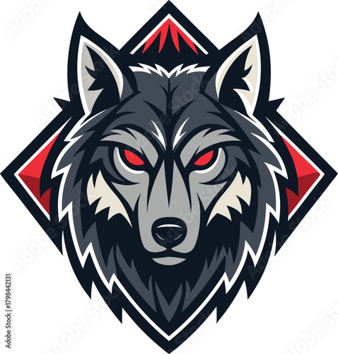 Dynamic illustration of a fierce wolf head with glowing red eyes, perfect for a powerful and intimidating team mascot or brand emblem