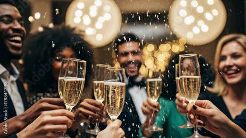 Group of Young Adults Celebrating with Champagne Toast in Festive Setting