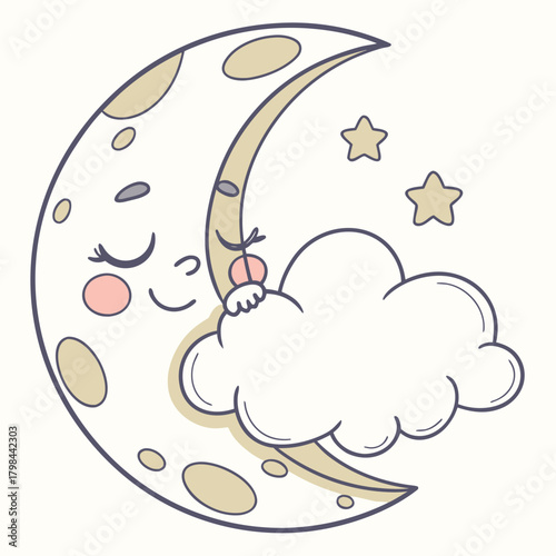 Cute sleeping crescent moon with stars and a cloud kawaii