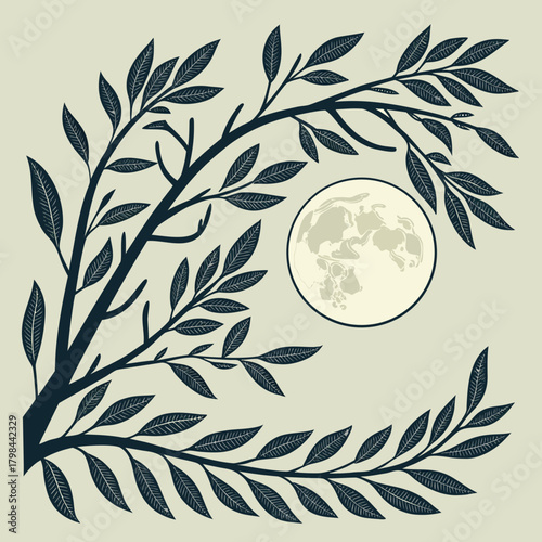 Dark Silhouetted Branches and Leaves with Moon in Background Keywords: branches, leaves, foliage