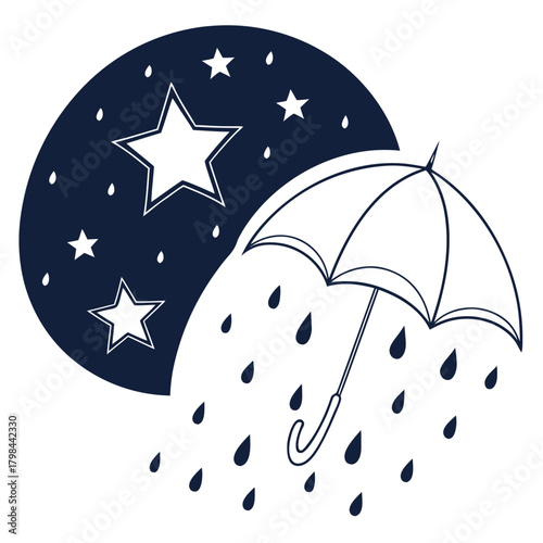 Umbrella protecting from rain under a starry night sky with large stars raindrops