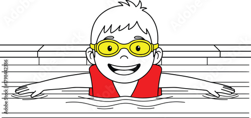 Cartoon child swimming, pool safety, flotation vest, yellow goggles, happy kid, water fun, blue pool, smiling swimmer, tiled edge, summer activity