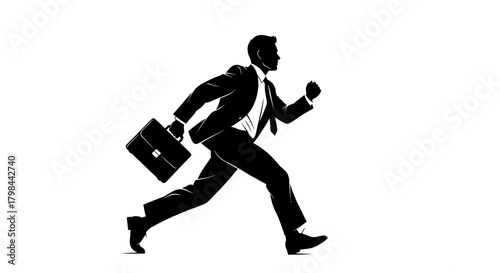 Black silhouette of a man in a suit running with a briefcase