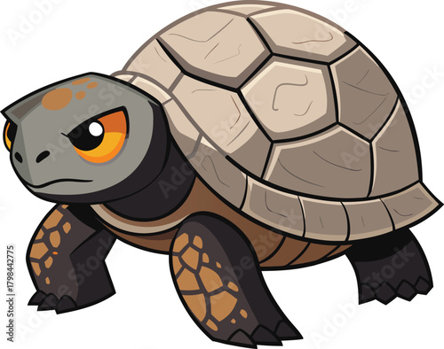 Dynamic cartoon tortoise character with a determined gaze, embodying ancient wisdom and resilience in a vibrant illustration