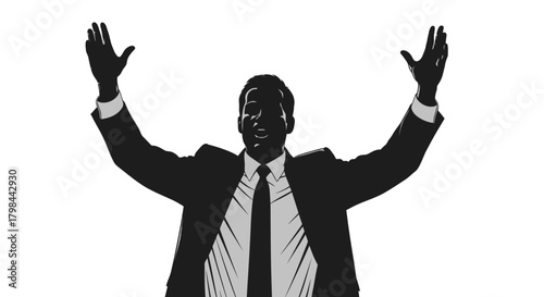 Silhouette of a joyful man in a suit with arms raised in celebration