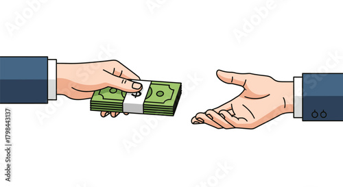 A hand in a suit gives a stack of money to another open hand