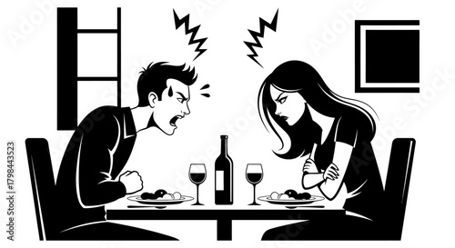 Couple arguing during a formal dinner, expressions of anger and frustration visible