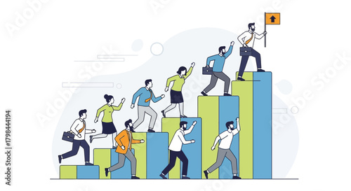 Business professionals ascend a bar graph, reaching for a flag