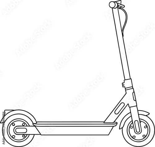 Electric scooter line drawing, black and white sketch, urban mobility, eco transport, personal commute, modern design, handlebar detail, deck view