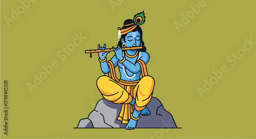 Lord Krishna playing flute while sitting on rock in peaceful forest, creating divine music and spreading joy, depicted in vibrant colors and serene atmosphere.