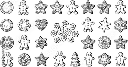 Hand-Drawn Gingerbread Cookies Vector Illustration Set. Christmas and Holiday Baked Sweets in Various Shapes: Man, Star, Heart, Circle, Flowers.
