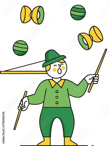 Diabolo juggling performer, circus act, green costume, yellow shoes, street entertainment, dynamic motion, skillful show, juggling props, playful scene, talent