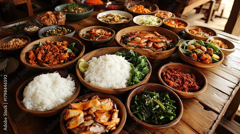 Fototapeta premium Abundant spread of diverse dishes, rice, vegetables, and meats in rustic wooden bowls on a table.