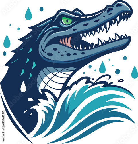 Dynamic illustration of a powerful aquatic reptile, resembling an alligator or crocodile, bursting forth from turbulent water with energetic splashes