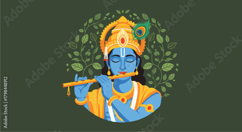 Lord Krishna playing flute amidst leafy vines, radiating serenity and spiritual harmony in a vibrant, colorful depiction of devotion.