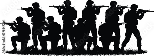 Group of armed soldier silhouettes standing and kneeling in tactical formation, military combat team illustration for defense, security, battlefield concept